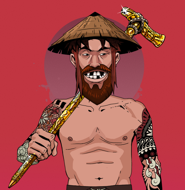 Igor The Bear — Degen Dojo NFT art (Shirtless Runt, Red High Moon, Degens, Yakuza Tattoo Sleeves, Igor The Bear, Rice Hat, Golden Walking Cane, Mint)