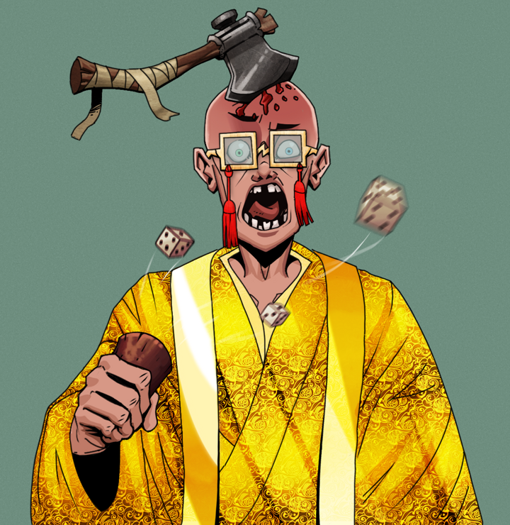 Tokuda — Degen Dojo NFT art (Shirtless Runt, Olive Green, Degens, Golden Monk Robes, Tokuda, Shoji Tassel Glasses, Splitting Axe Ache, Chō-Han Gambling Dice, Mint)