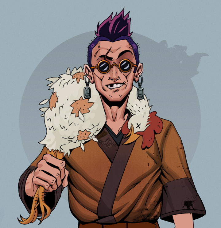 One-Eyed Itsuki — Degen Dojo NFT art (Iron Earrings, Grey Mist, Degens, Poop Pride Kimono, One-Eyed Itsuki, Dark Spectacles, Yakuza Hooligan, Chicken, Mint)