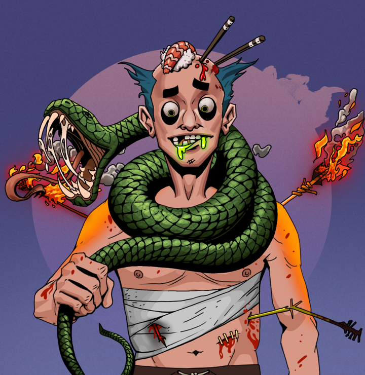 Toxic Azuma — Degen Dojo NFT art (Shirtless Runt, Purple Night, Degens, Bloody Mess, Toxic Azuma, Sushi Fight, Enchanted Snake, Mint)