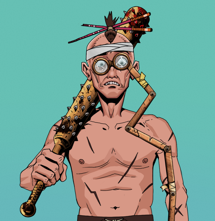 Shitless Botan — Degen Dojo NFT art (Shirtless Runt, Teal Daytime, Degens, Battle Scars, Shitless Botan, Telescopic Glasses, Hair Bun With Chopsticks, Yakuza Club, Mint)