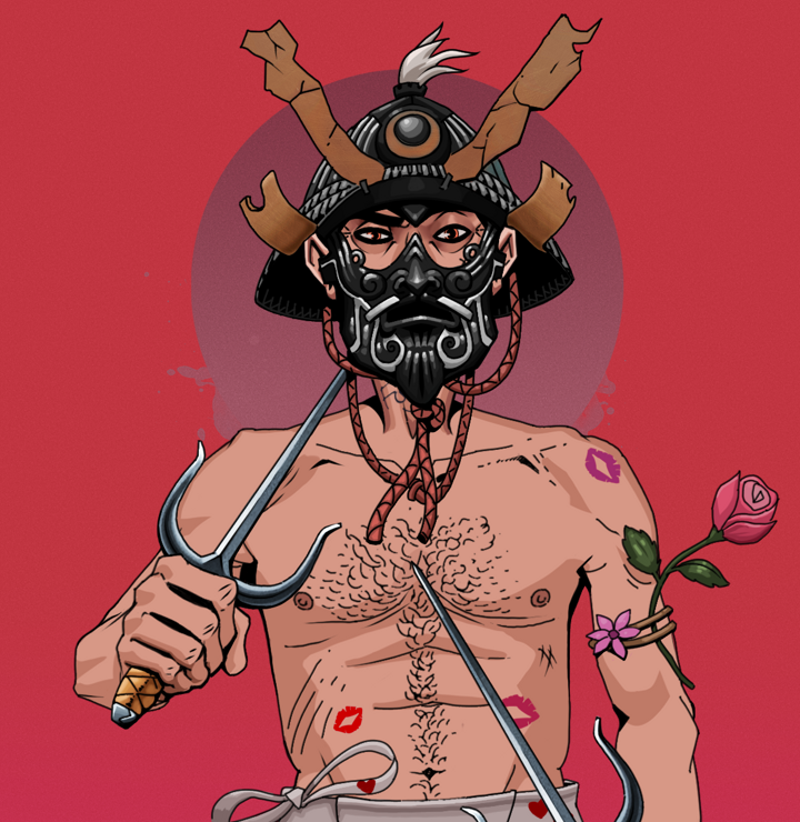 Junichiro — Degen Dojo NFT art (Shirtless Runt, Red High Moon, Degens, Womanizer, Junichiro, Black Iron Kabuto, Dual Sai, Mint)