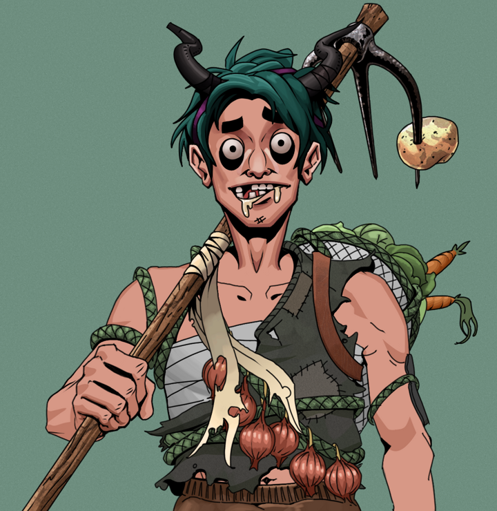 Drooling Azuma — Degen Dojo NFT art (Shirtless Runt, Olive Green, Degens, Farmer, Drooling Azuma, Black Oni Horns, Farmers Hoe, Mint)