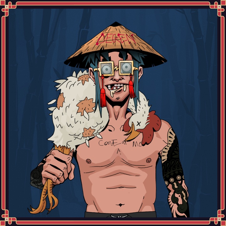 Drooling Azuma — Degen Dojo NFT art (Shirtless Runt, Night Forest, Drooling Azuma, Black Yakuza Sleeves, Degen, Shoji Tassel Glasses, Degen Graffiti Rice Hat, Secret Surprise Clap, Chicken, Framed)