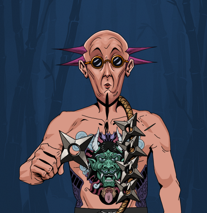 Edmundo — Degen Dojo NFT art (Shirtless Runt, Night Forest, Degens, Blue Oni Tattoo, Edmundo, Dark Spectacles, Dejen Mohawk, Shuriken Belt, Mint)