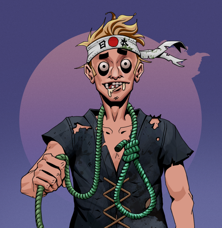 Drooling Azuma — Degen Dojo NFT art (Shirtless Runt, Purple Night, Degens, Black Peasant Sack, Drooling Azuma, Karate Headband, Noose, Mint)