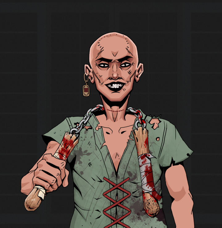 Junichiro Reborn — Degen Dojo NFT art (Dojo Paper Earring, Shoji Night, Degens, Dirty Peasant Rags, Junichiro Reborn, Shirtless Runt, Bald, Bloody Nunchucks, Mint)