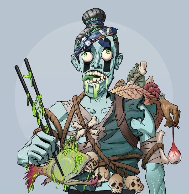 Toxic Azuma — Degen Dojo NFT art (Shirtless Runt, Grey Mist, Demons, Farmer, Toxic Azuma, Hair Bun, Frightened Fugu, Mint)