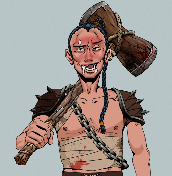Yuuki — Degen Dojo NFT art (Shirtless Runt, Light Grey, Degens, Mercenary, Yuuki, Braided Samurai Ponytail, Wooden Warhammer, Mint)