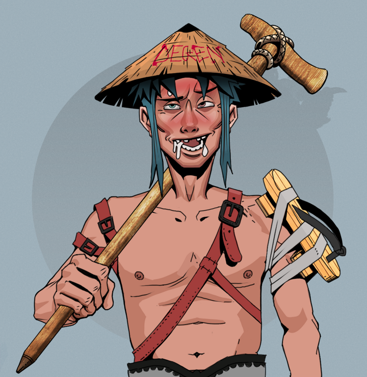 Yuuki — Degen Dojo NFT art (Shirtless Runt, Grey Mist, Degens, Strap On Geta, Yuuki, Degen Graffiti Rice Hat, Wooden Walking Cane, Mint)