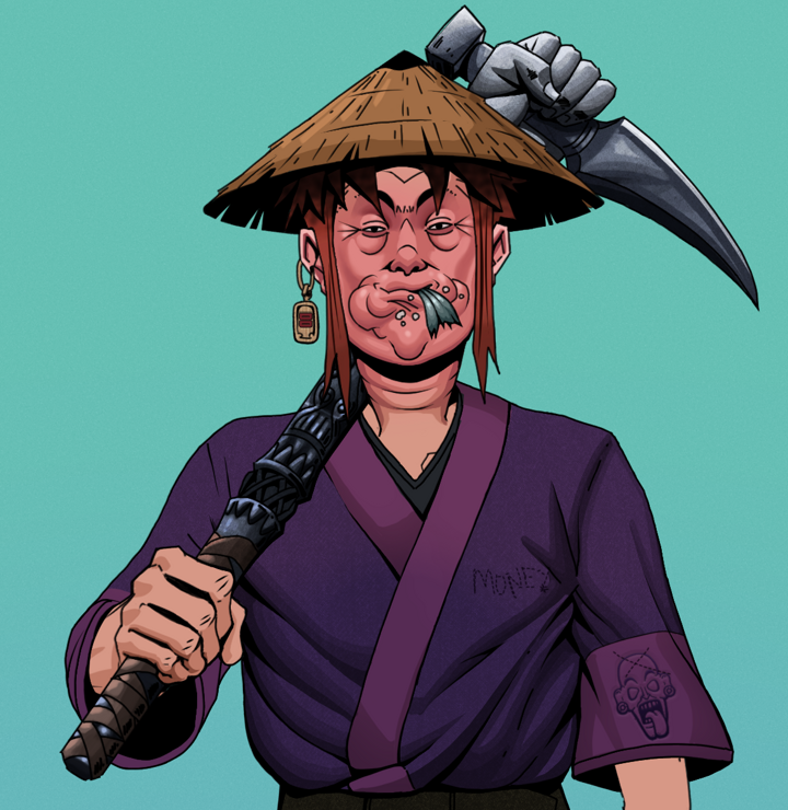 Fatty Bobsticks — Degen Dojo NFT art (Dojo Paper Earring, Teal Daytime, Degens, Money Kimono, Fatty Bobsticks, Shirtless Runt, Rice Hat, Stone Fist-Sickle, Mint)