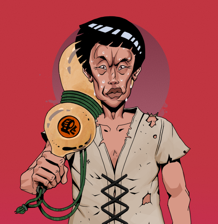 Stresshead Rin — Degen Dojo NFT art (Shirtless Runt, Red High Moon, Degens, Rice Sack Rags, Stresshead Rin, Rock Lee, Giant Sake Bottle, Mint)