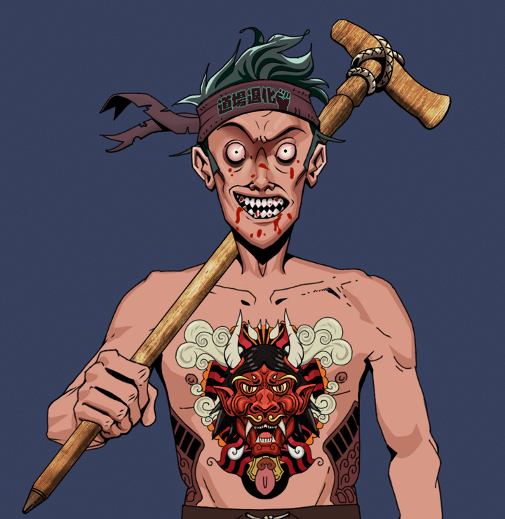 Assassin Fuzen — Degen Dojo NFT art (Shirtless Runt, Blue Evening, Degens, Red Oni Tattoo, Assassin Fuzen, Degen Dojo Headband, Wooden Walking Cane, Mint)