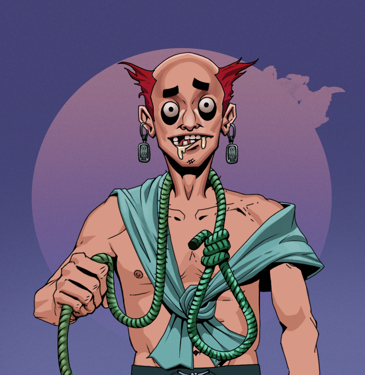 Drooling Azuma — Degen Dojo NFT art (Iron Earrings, Purple Night, Degens, Queeny Chic, Drooling Azuma, Shirtless Runt, Red Heihachi, Noose, Mint)