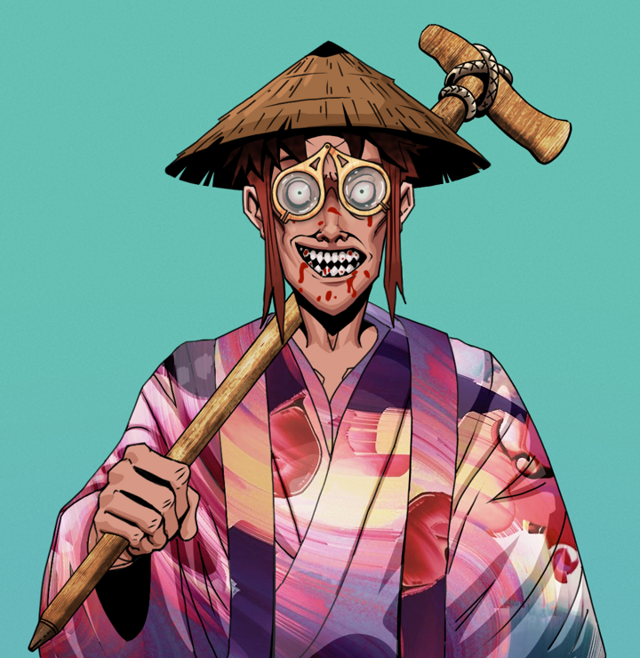 Assassin Fuzen — Degen Dojo NFT art (Shirtless Runt, Teal Daytime, Degens, Autumn Sakura Kimono, Assassin Fuzen, Pocket Glasses, Rice Hat, Wooden Walking Cane, Mint)