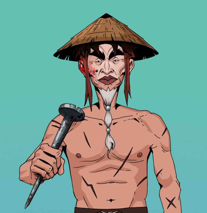 Yuji The Wise — Degen Dojo NFT art (Shirtless Runt, Teal Daytime, Degens, Battle Scars, Yuji The Wise, Rice Hat, Rusty Nail, Mint)