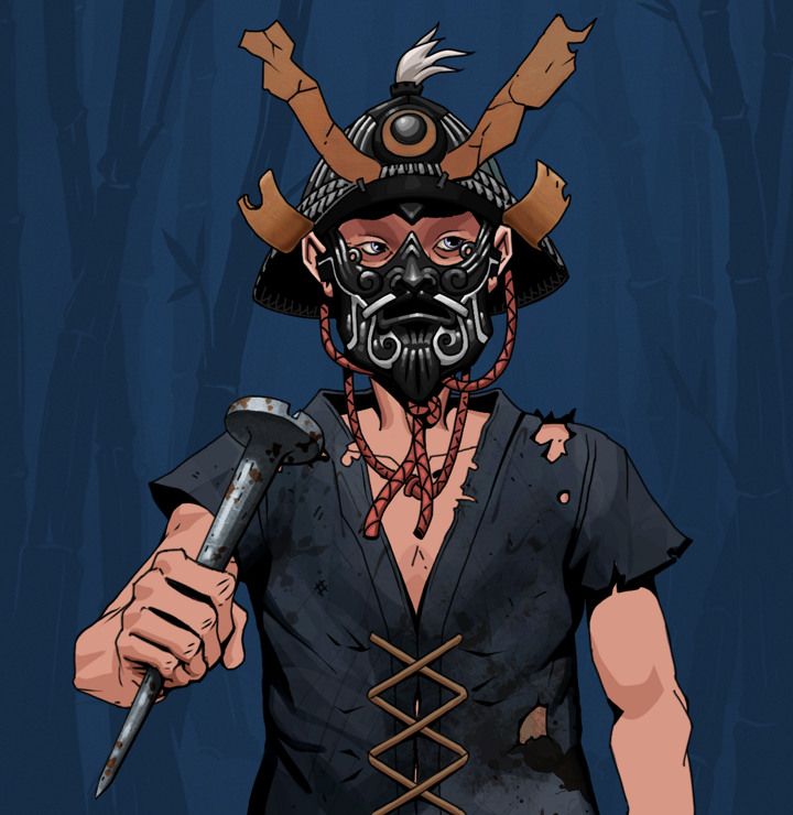 Masumi Steel — Degen Dojo NFT art (Shirtless Runt, Night Forest, Degens, Black Peasant Sack, Masumi Steel, Black Iron Kabuto, Rusty Nail, Mint)