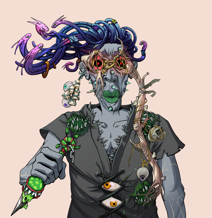 Gloomy Masumi — Degen Dojo NFT art (Foes Teeth, Orange Afternoon, Demons, Black Peasant Sack, Gloomy Masumi, Telescopic Glasses, Flowing Dreads, Kunai, Mint)