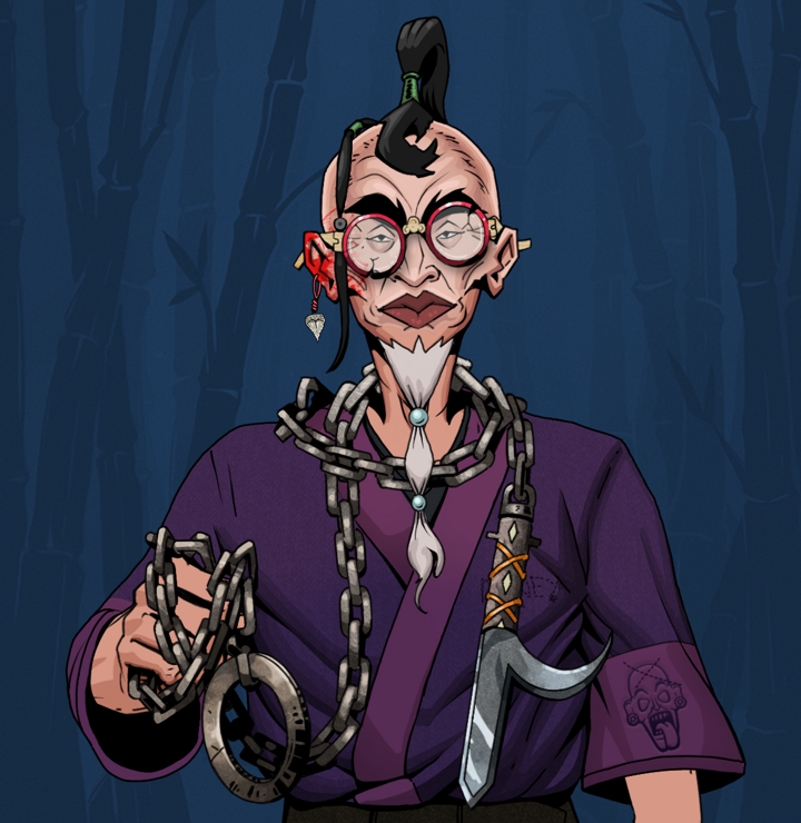 Yuji The Wise — Degen Dojo NFT art (Shark Tooth, Night Forest, Degens, Money Kimono, Yuji The Wise, Broken Glasses, Dejen Samurai, Heavy Kyoketsu, Mint)