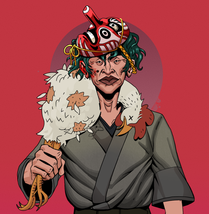 Young Yuji — Degen Dojo NFT art (Shirtless Runt, Red High Moon, Degens, Puppy Kimono, Young Yuji, Hannya Half Mask, Tengu Mask, Chicken, Mint)