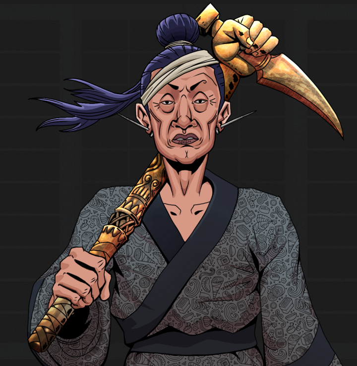 Goro — Degen Dojo NFT art (Nails, Shoji Night, Degens, Sushi Love Loose Kimono, Goro, Shirtless Runt, Long Flowing, Bronze Fisted Sickle, Mint)