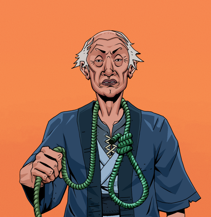 Goro — Degen Dojo NFT art (Shirtless Runt, Orange Afternoon, Degens, Blue Warrior Kimono, Goro, Kung Fu Master, Noose, Mint)