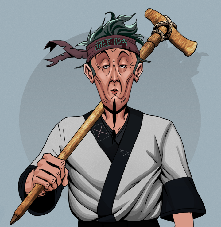 Edmundo — Degen Dojo NFT art (Shirtless Runt, Grey Mist, Degens, Katana Kimono, Edmundo, Degen Dojo Headband, Wooden Walking Cane, Mint)