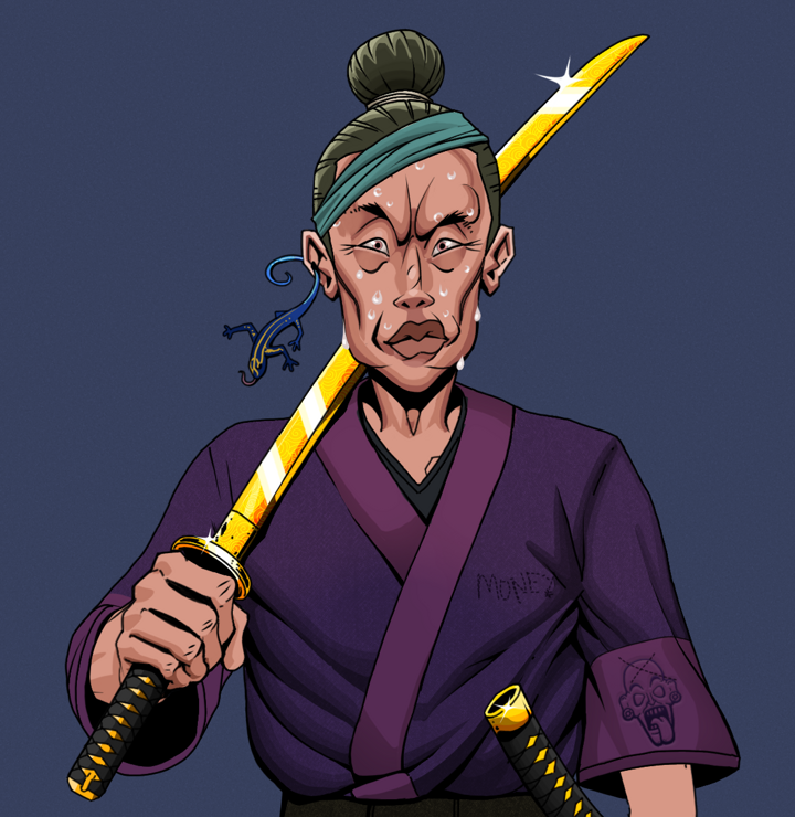 Stresshead Rin — Degen Dojo NFT art (Lizard, Blue Evening, Degens, Money Kimono, Stresshead Rin, Shirtless Runt, Hair Bun, Golden Katana, Mint)