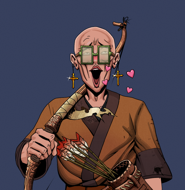 Lovey Haruto — Degen Dojo NFT art (Golden Jesuit Crosses, Blue Evening, Degens, Poop Pride Kimono, Lovey Haruto, Shoji Glasses, Bald, Runed Yumi, Mint)