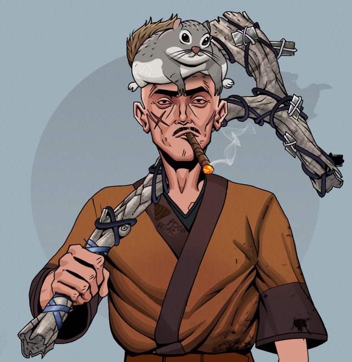 Raikou The Stoner — Degen Dojo NFT art (Shirtless Runt, Grey Mist, Degens, Poop Pride Kimono, Raikou The Stoner, Mr. Momonga Hat, Large Branch, Mint)