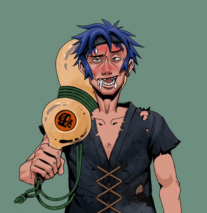 Yuuki — Degen Dojo NFT art (Shirtless Runt, Olive Green, Degens, Black Peasant Sack, Yuuki, Bum Headband Ruffian, Giant Sake Bottle, Mint)