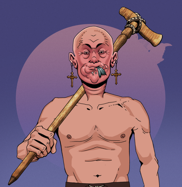 Fatty Bobsticks — Degen Dojo NFT art (Jesuit Crosses, Purple Night, Degens, Shirtless Runt, Fatty Bobsticks, Bald, Wooden Walking Cane, Mint)