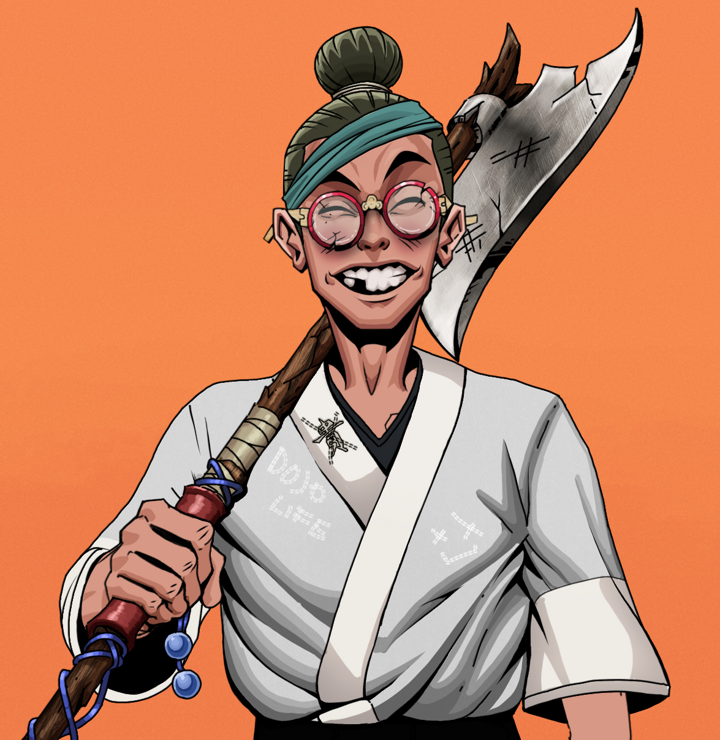 Cheery Haru — Degen Dojo NFT art (Shirtless Runt, Orange Afternoon, Degens, No Honor Kimono, Cheery Haru, Broken Glasses, Hair Bun, Broken Nagatina, Mint)