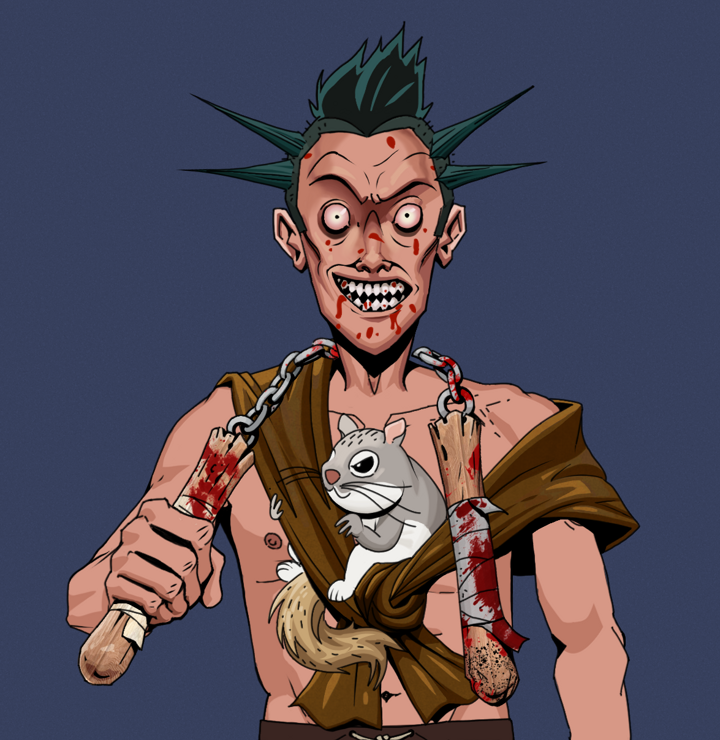 Assassin Fuzen — Degen Dojo NFT art (Shirtless Runt, Blue Evening, Degens, Little Momonga Friend, Assassin Fuzen, Yakuza Ruffian, Bloody Nunchucks, Mint)