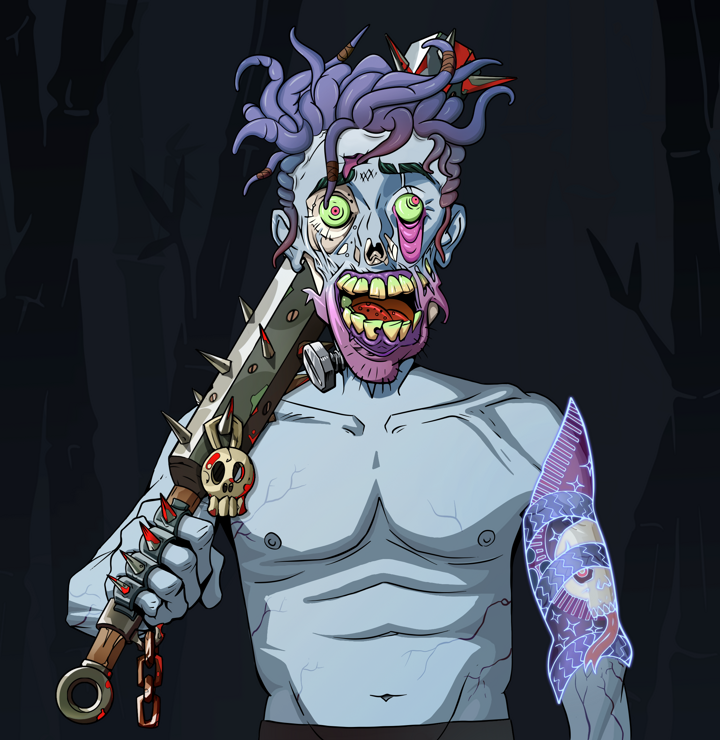 Shitless Botan — Degen Dojo NFT art (Shirtless Runt, Night Forest, Demons, Skull Sleeve, Shitless Botan, Messy, Yakuza Club, Mint)