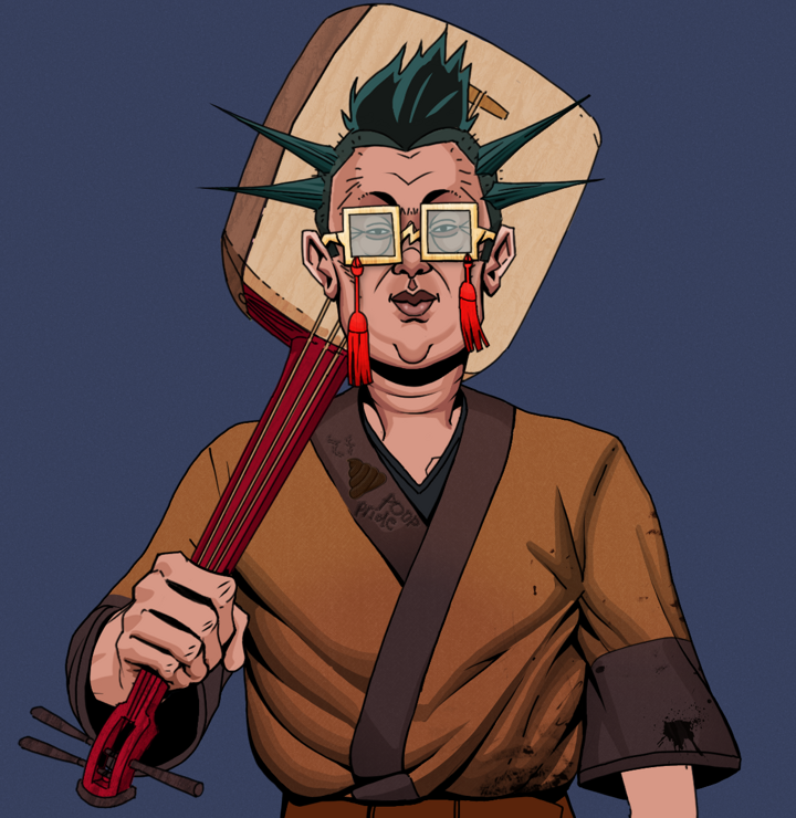 Fat Bob — Degen Dojo NFT art (Shirtless Runt, Blue Evening, Degens, Poop Pride Kimono, Fat Bob, Shoji Tassel Glasses, Yakuza Ruffian, Shamisen, Mint)