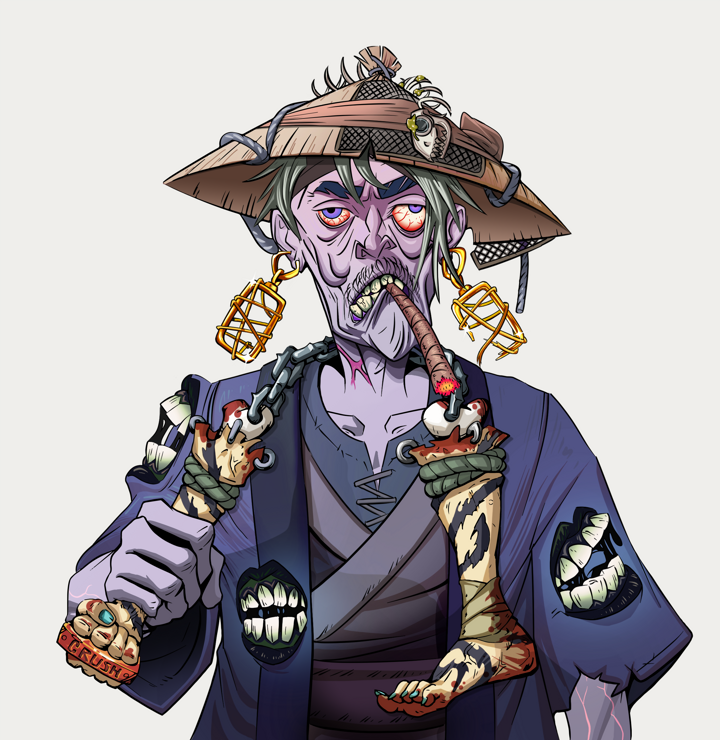 Raikou The Stoner — Degen Dojo NFT art (Gold Earrings, Warm Grey, Demons, Daimyo Warrior Kimono, Raikou The Stoner, Shirtless Runt, Wide Kasa Fisherman, Bloody Nunchucks, Mint)