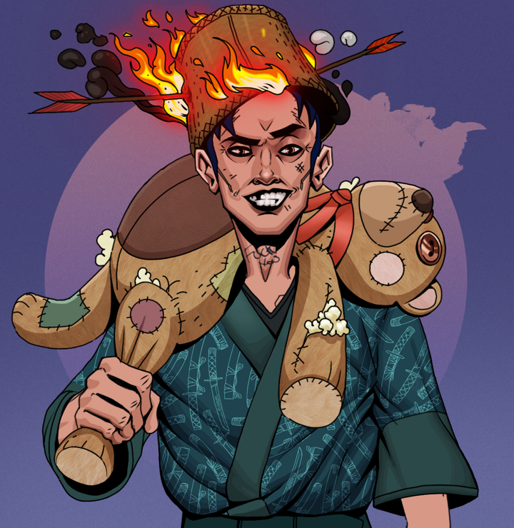 Junichiro — Degen Dojo NFT art (Shirtless Runt, Purple Night, Degens, Katanajamas Kimono, Junichiro, Burning Basket, Teddy Bear, Mint)