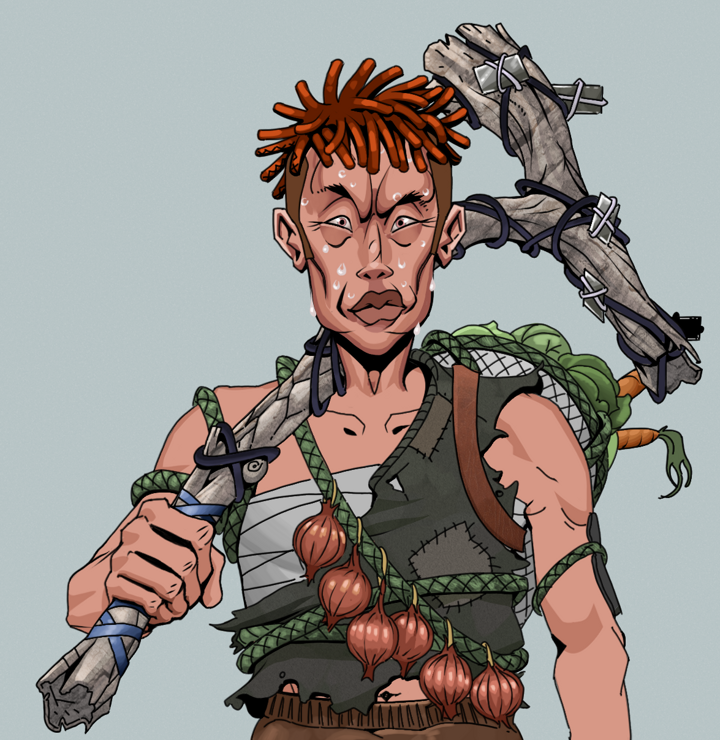 Stresshead Rin — Degen Dojo NFT art (Shirtless Runt, Light Grey, Degens, Farmer, Stresshead Rin, Orange Bantu Knots, Large Branch, Mint)