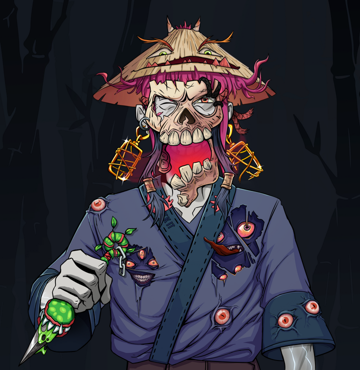 Cheery Haru — Degen Dojo NFT art (Gold Earrings, Night Forest, Demons, Fuck You Kimono, Cheery Haru, Hannya Half Mask, Rice Hat, Kunai, Mint)
