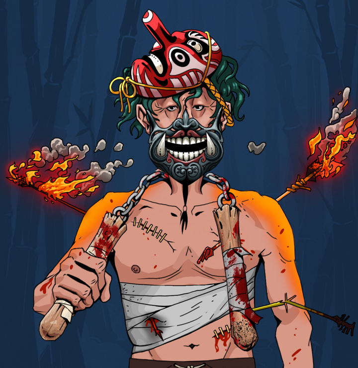 Edmundo — Degen Dojo NFT art (Shirtless Runt, Night Forest, Degens, Bloody Mess, Edmundo, Hannya Half Mask, Tengu Mask, Bloody Nunchucks, Mint)