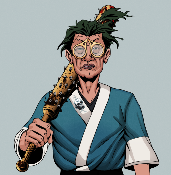 Goro — Degen Dojo NFT art (Shirtless Runt, Light Grey, Degens, Skull Kimono, Goro, Pocket Glasses, Messy Ponytail, Yakuza Club, Mint)