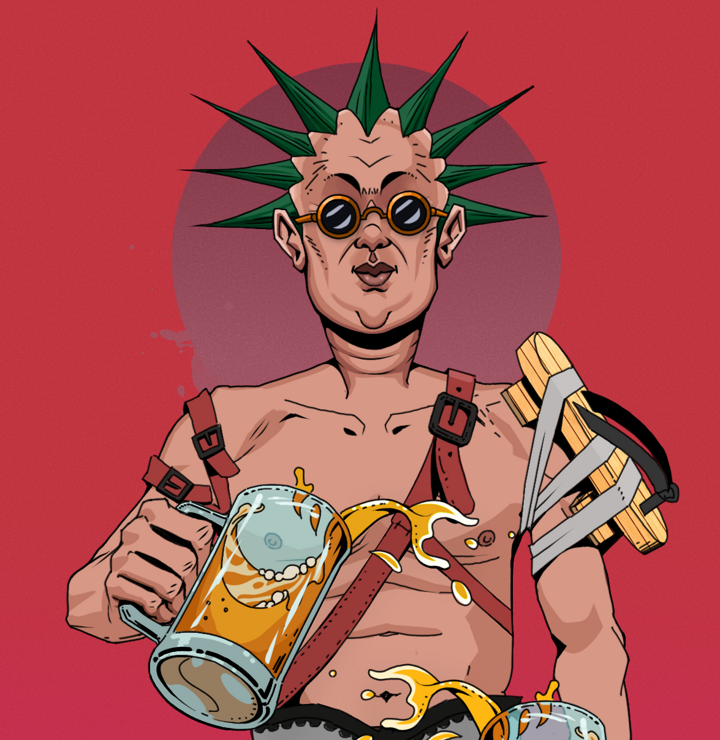 Fat Bob — Degen Dojo NFT art (Shirtless Runt, Red High Moon, Degens, Strap On Geta, Fat Bob, Dark Spectacles, Zapachi, Beer Splash, Mint)