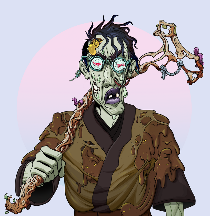 Stresshead Rin — Degen Dojo NFT art (Shirtless Runt, Purple Night, Demons, Poop Pride Kimono, Stresshead Rin, Dojo Graffiti, Short Spiky Dark, Wooden Walking Cane, Mint)
