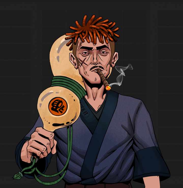 Raikou The Stoner — Degen Dojo NFT art (Shirtless Runt, Shoji Night, Degens, Fuck You Kimono, Raikou The Stoner, Orange Bantu Knots, Giant Sake Bottle, Mint)