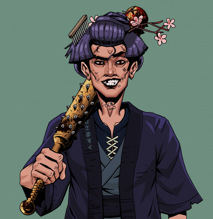 Junichiro — Degen Dojo NFT art (Shirtless Runt, Olive Green, Degens, Daimyo Warrior Kimono, Junichiro, Disheveled Geisha, Yakuza Club, Mint)