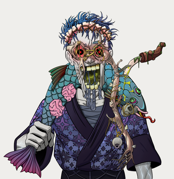 Yuuki — Degen Dojo NFT art (Shirtless Runt, Warm Grey, Demons, Loose Parasol Kimono, Yuuki, Telescopic Glasses, Bum Headband Ruffian, Dead Fish, Mint)