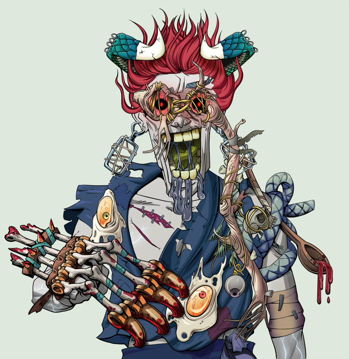 Yuuki — Degen Dojo NFT art (Iron Earrings, Olive Green, Demons, Glutton Fight, Yuuki, Telescopic Glasses, Grey Oni Horns, Tekko-Kagi Claws, Mint)