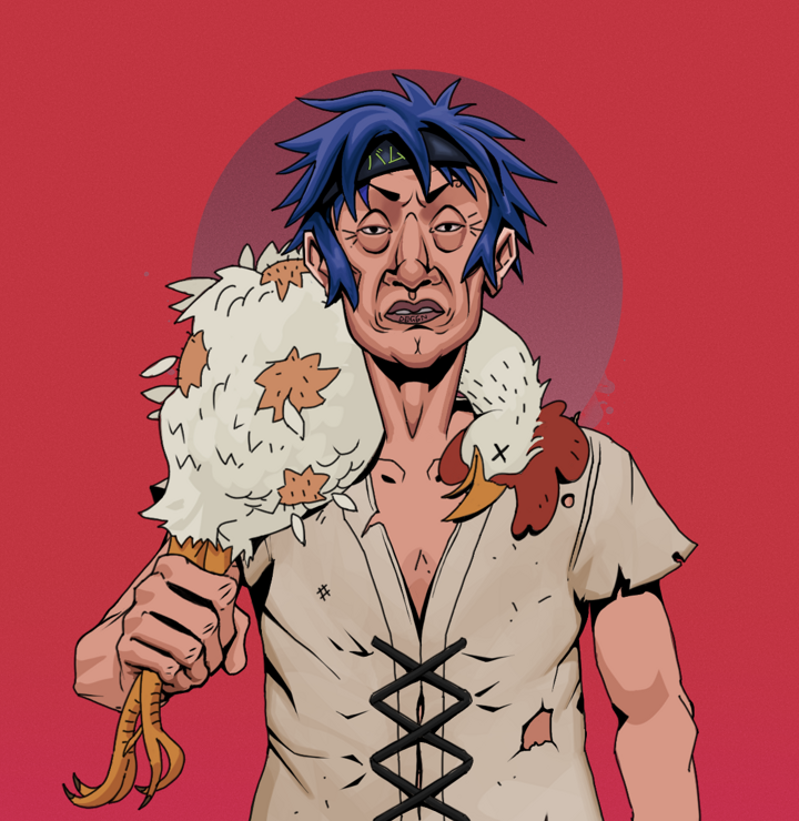Goro — Degen Dojo NFT art (Shirtless Runt, Red High Moon, Degens, Rice Sack Rags, Goro, Bum Headband Ruffian, Chicken, Mint)