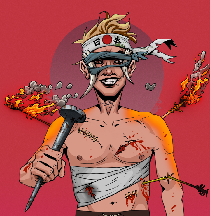 Junichiro — Degen Dojo NFT art (Shirtless Runt, Red High Moon, Degens, Bloody Mess, Junichiro, Tied Horns, Karate Headband, Rusty Nail, Mint)